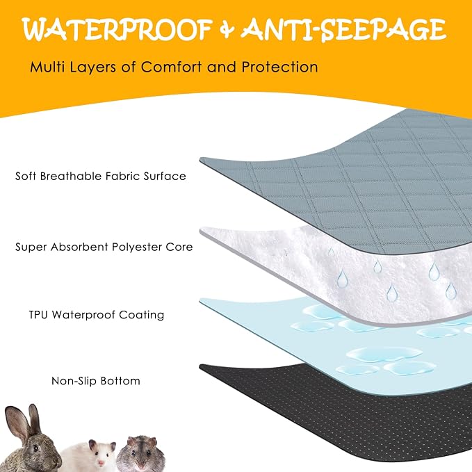 4 Pack Guinea Pig Cage Liners Washable Guinea Pig Bedding Super Absorbent | Waterproof | Non Slip| Reusable Guinea Pig Pee Pads for Small Animals Rabbit Hamster Rat - for Midwest 48" x 24"