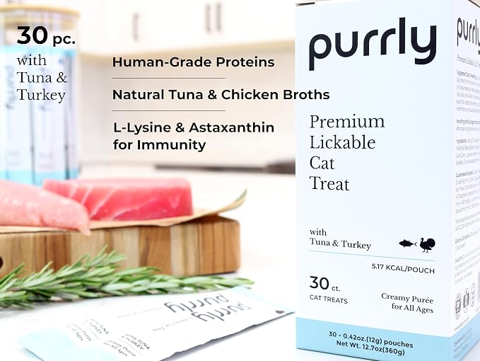 Purrly Lickable Cat Treat Healthy Human-Grade Tuna & Turkey with L-Lysine & Astaxanthin for Immunity (30 Count) Soft Low Calorie Hydrating Interactive Snack Wild-Caught Farm-Grown Grain-Free