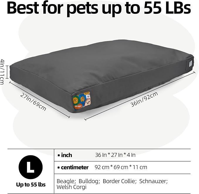 Sytopia 36 Inch Canvas Outdoor Dog Bed for Large Dogs, Durable Dog Bed with Waterproof Machine Washable Removable Cover, Indoor Patio Pet Pad for Crate, Dark Grey