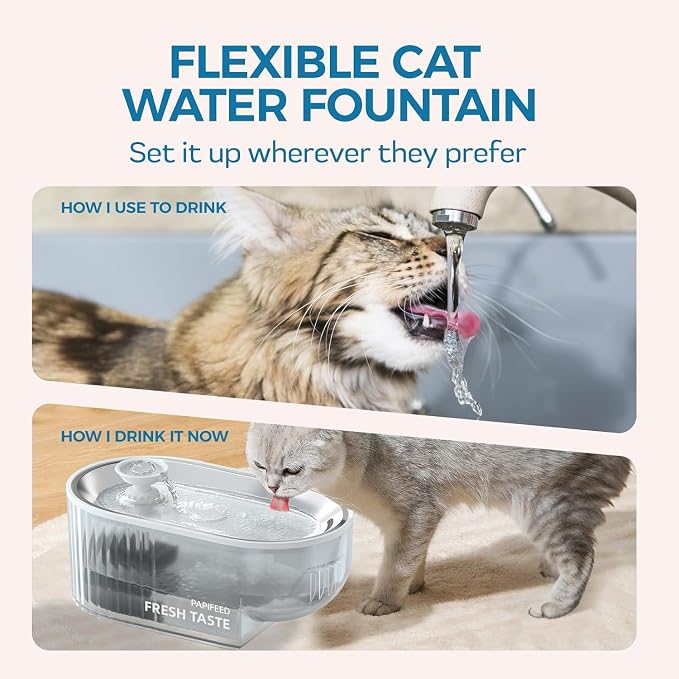 PAPIFEED Cat Water Fountain & Stainless Steel Tray (Clear+White)