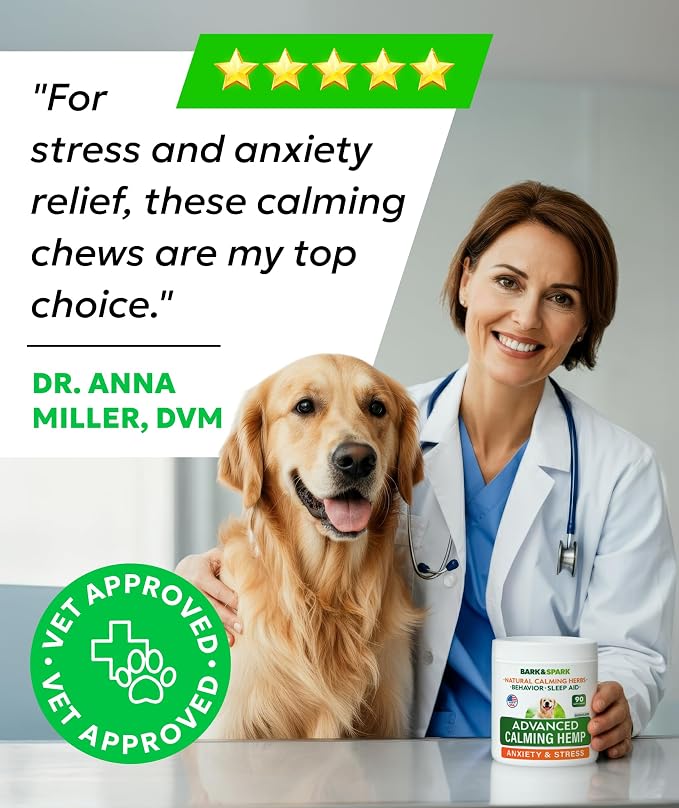 BARK&SPARK Advanced Calming Chews for Dogs - Separation Anxiety Relief for Dogs w/Hemp Oil + Melatonin - Relief During Fireworks, Storms - Aggressive Behavior, Barking, Stress Aid - 90Chews