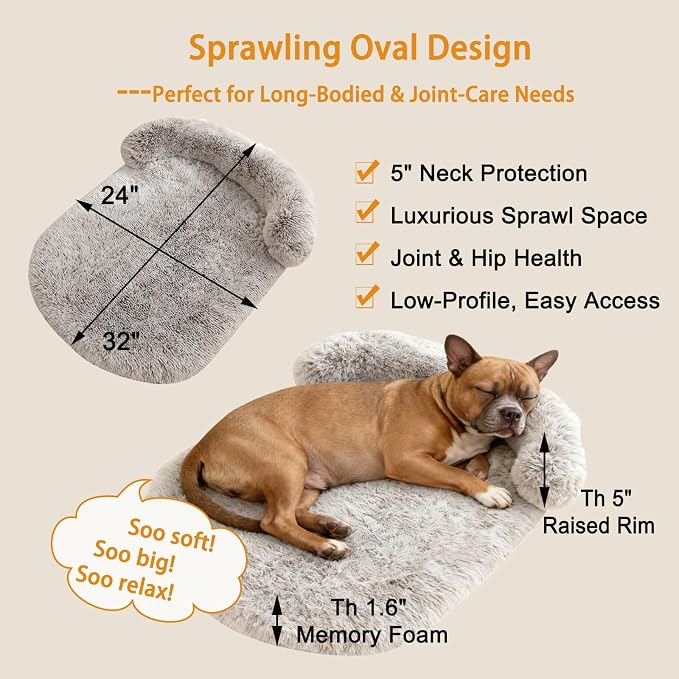 Orthopedic Dog Bed with Egg-Crate Base, Calming Dog Beds Fluffy Plush Faux Fur with Raised Edges, Spine Friendly Pet Sleeping Mat for Medium Large Dogs, Easy Wash (Oval, Marble Grey 32"x24")