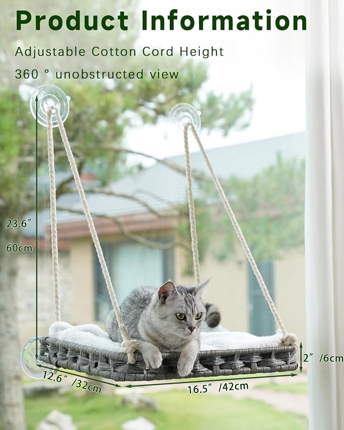 SETVSON Cat Window Perch, Cat Window Hammock Bed for Indoor Cats, Large Handwoven PE Rattan Window Seat, 4 Suction Cups, Double Sided Washable Cushion Bed, 2.3 Inch Fence Shelf, for Pet Kittens Gray