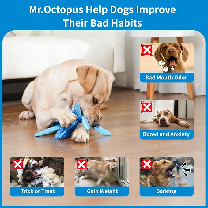 Plush Octopus Dog Toy with Squeaker, No Stuffing for Safety, Soft and Durable Dual-Layer Fabric, Suitable for Small to Large Dogs (Blue)
