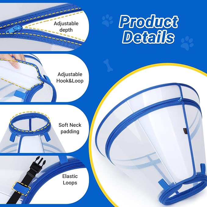 Dog Cone to Stop Licking, Clear Recovery Collar with Detachable Zipper, Sturdy Elizabethan Collar for Large Medium Small Dogs, Soft Adjustable Cone After Surgery Patented, Blue XXL