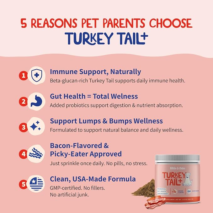 Fifth & Fido Turkey Tail Mushroom for Dogs – Lipoma Treatment for Dogs - Mushroom Supplement with Immune Support for Lipoma, Lumps & Bumps – Premium Pet Vitamins and Supplements Made in USA, 100 Serv.