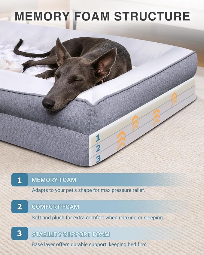 KSIIA Big Dog Bed for Jumbo Large Dogs, Orthopedic Egg-Crate Memory Foam Pet Bed with Sides, Waterproof Lining and Non Slip Pet Couch with Removable Washable Cover, 53 x 40 Inch, Grey