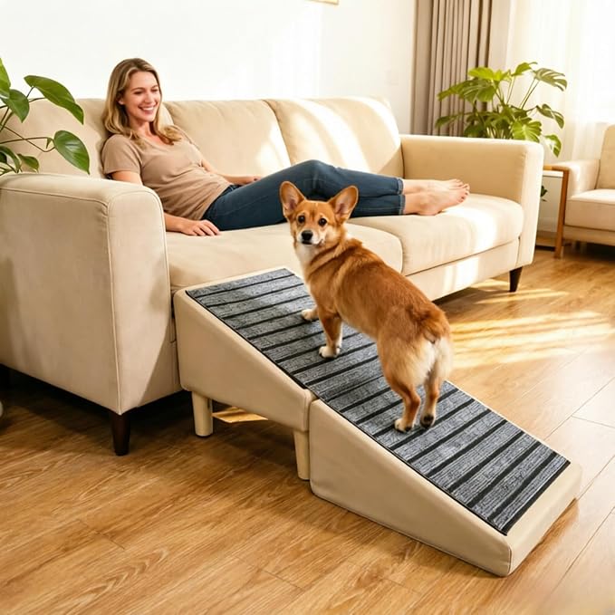 Dog Stairs for Small Dogs, Dog Stairs for Couch& Bed, Non-Slip Foldable 2-in-1 Pet Steps for Cats, Leather Ottoman (Khaki, Large)