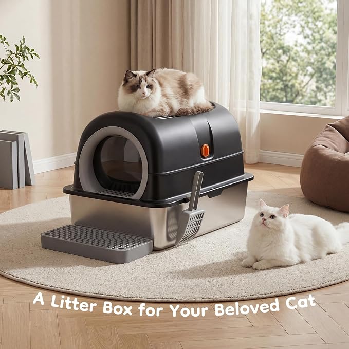 OLIXIS Stainless Steel Litter Box with Lid, Extra Large Enclosed Cat Litter Pan for Big Cats, High Sided Cat Box with Scoop & Mat, Front & Top Entry, Easy Cleaning, Black