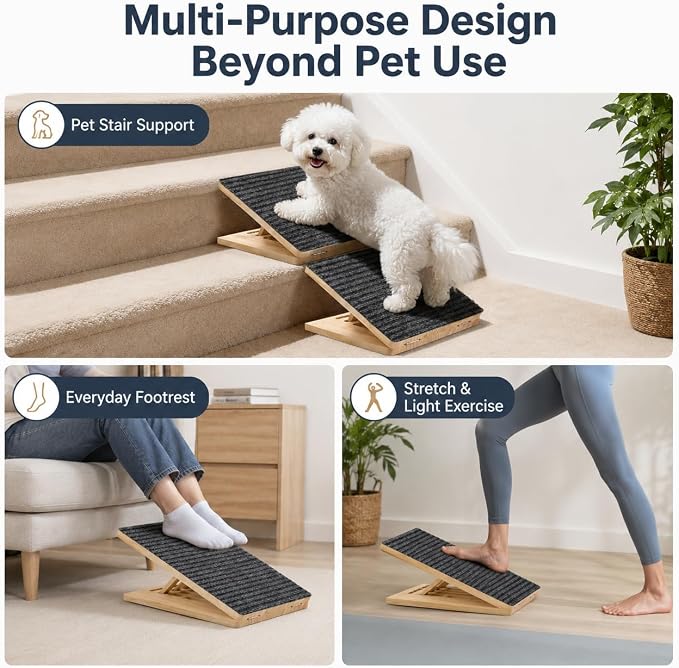 Dog Ramp for Stairs, 2 Pack Foldable Stair Ramp for Dogs, Adjustable Solid Wood Pet Steps for Small Dogs, Senior, Short-Legged and Injured Pets, Elderly Dog Stair Wedges Assist