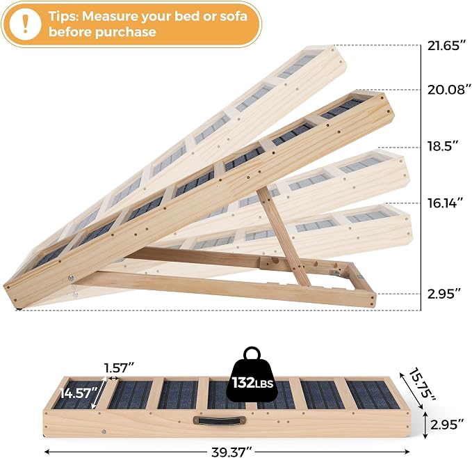 Adjustable Wooden Dog Ramp for Bed and Couch - 39" Folding Pet Ramp with 4 Heights and Non-Slip Safety Rails for 132lbs Small, Medium, and Senior Dogs