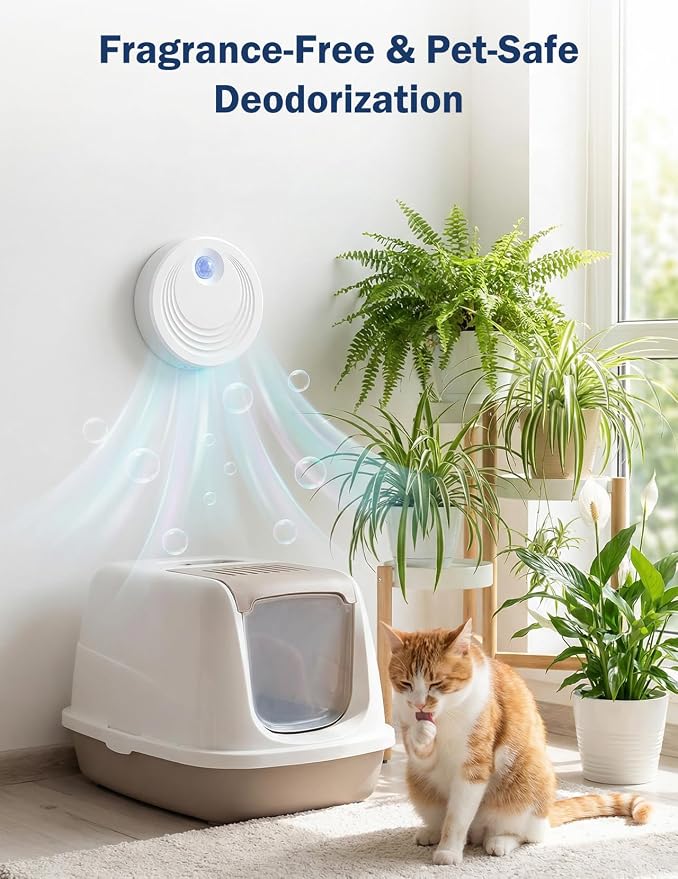 Rechargeable Cat Litter Deodorizer for Pets, 99.9% Odor Eliminator for Litter Box, Pet Bed, Toilet, with 24/7 Auto Mode with Motion Detection, Ultra Quiet, No Filter Needed (White)