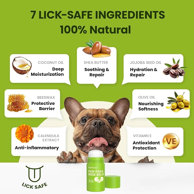 PawSono Lick-Safe Dog Paw & Nose Balm with Coconut Oil | All-Natural Moisturizer & Soother for Dry, Cracked Pads & Snout | Heat & Cold Pavement Protection Wax | Horse Hoof, Joint Care (2.6 oz)