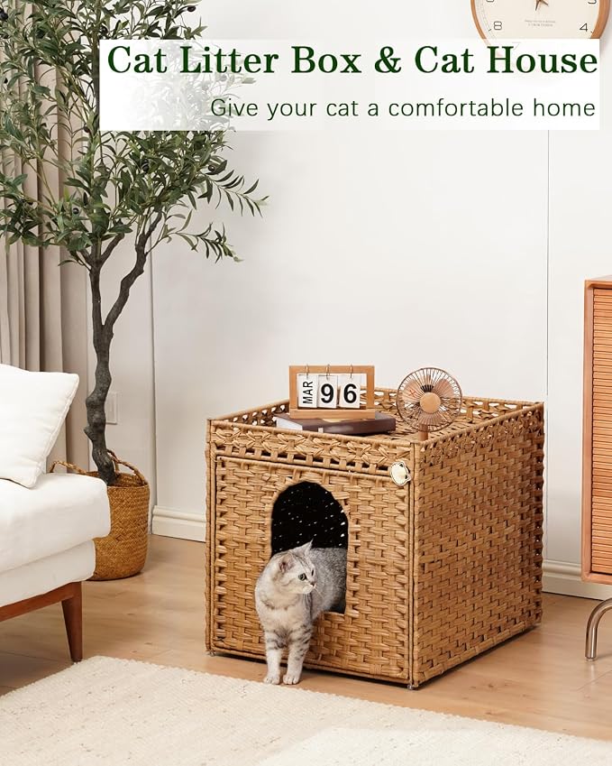 SETVSON Cat Litter Box Enclosure Furniture, Large Hidden Litter Box Furniture, Handwoven Rattan Cat House Cabinet, One Mat, Two S-Shaped Hooks, Living Room, Apartment 21.6 X 26 X 21.6 Inches, Natural
