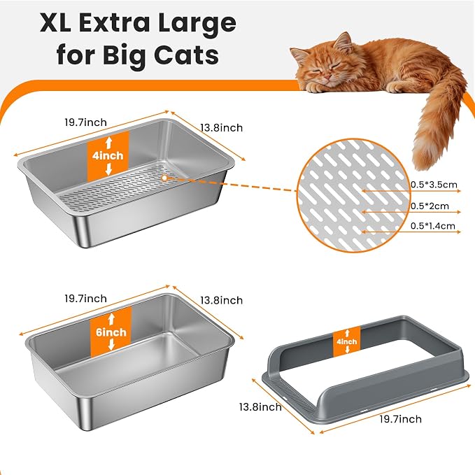 Stainless Steel Sifting Litter Box with Lid,Extra Large Metal Sifting Cat Litter Box for Pine Pellets,High Sides Sifter Litter Pan System for Kittens,Odor Control,Sifting Box Liners and Scoop
