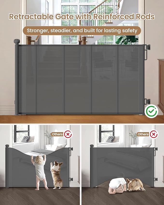 Retractable Baby Gate, 55" Wide Reinforced Mesh Baby Gate with 4 Fiberglass Support Rods for a Tighter Fit, 34" Tall Retractable Dog Gate for Stairways, Hallways and Doorways, Gray