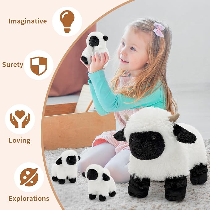 Tezituor 4Pcs Valais Blacknose Sheep Stuffed Animals Set, 18 Inch Large Mommy Stuffed Sheep Plush with 3 Cute Lamb Babies, Realistic Lamb Plushies Gift for Girls Boys Easter Birthday Decor