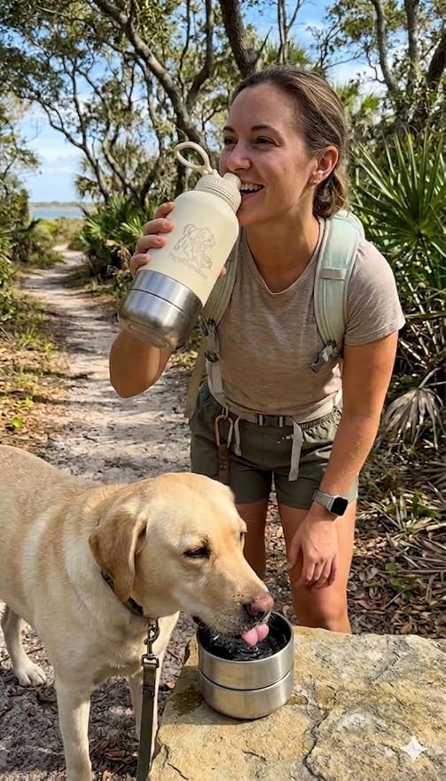 Dog Travel Water Bottle with Bowl – PuppiLovePets 3-in-1 Portable Dog Water Bottle 32oz, Stainless Steel, 2 Detachable Cups, Leak-Proof, BPA-Free – Hiking, Walking & Camping – Ivory