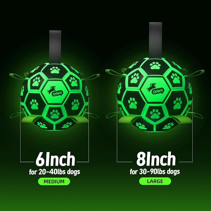 QDAN Glow in The Dark Dog Toys Soccer Ball with Straps - Light Up Dog Balls for Large Dogs, Interactive Dog Toys with Strap for Tug of War,Puppy Birthday Gifts (8 Inch)