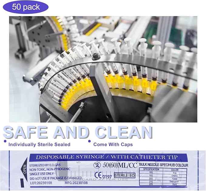 50 Pack 60mL Large Plastic Syringes with Catheter Tip and Caps, Clear Measuring Syringes for Liquids, Oral Feeding, Labs, Dispensing, Jello Shots, Home and Craft Use, No Needle