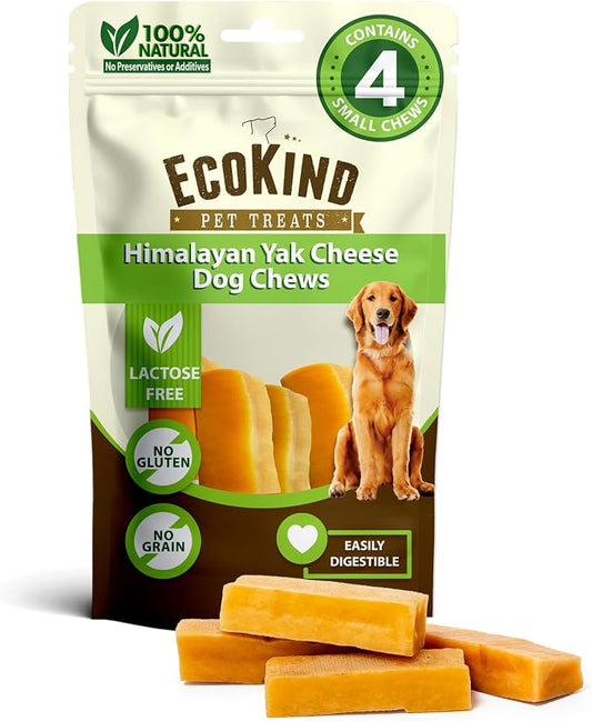 EcoKind Yak Cheese Himalayan Dog Chews, Yak Chews for Small Dogs, Long Lasting Bone for Aggressive Chewers, Only 3 Ingredients, Natural High Protein Treats, No Additives, Lactose Free, Small - 4 Chews