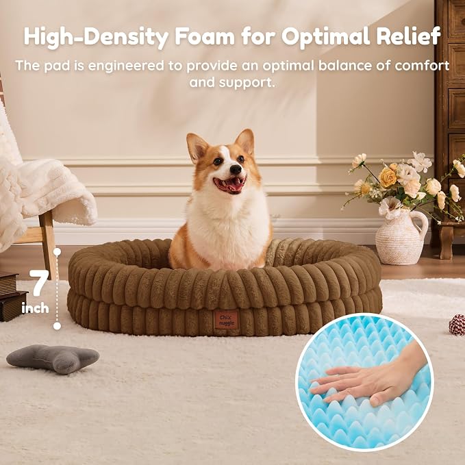 ChiXnuggle Orthopedic Dog Bed for Large Dogs, Waterproof Faux Rabbit Fur Dog Couch with Egg Crate Foam Support and Washable Removable Cover, Bolster Pet Sofa with Non-Slip Bottom, 35x28x7, Brown