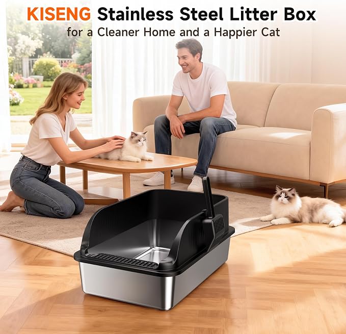Stainless Steel Cat Litter Box with Lid, XL Extra Large High Sided Litter Box for Big Cats, Odor Free Open Top Litter Pan Easy Cleaning Anti-Urine Leakage Non-Stick, Includes Scoop