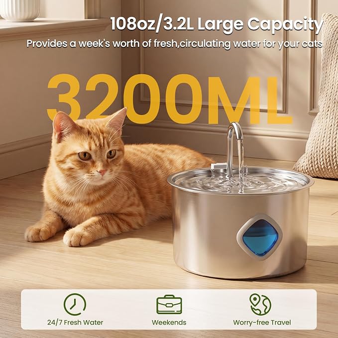 Stainless Steel Cat Water Fountain 108oz/3.2L, Pet Drinking Fountain with 3 Filters & Quiet Water Pump, Automatic Water Dispenser for Cats Indoor, Water Level Window, Easy to Clean