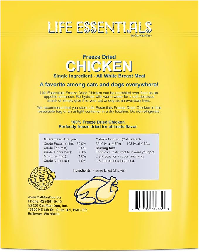 Life Essentials by Cat-Man-Doo | Chicken - 4 Pack of 5oz. Bags | Freeze Dried Chicken Cat & Dog Treats | Healthy, Single Ingredient, Training Treats, High Protein