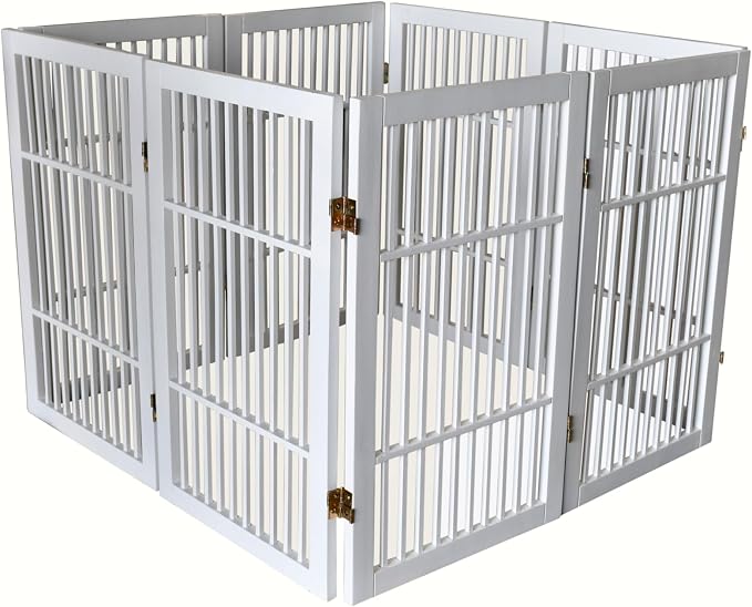 Urnporium Pet Dog Gate Freestanding, Strong Durable Folding Wooden Fence, Portable Acacia Hardwood Safety Barrier for Indoor & Outdoor Use (White Pet Gate, 8 Panel 30" Tall)