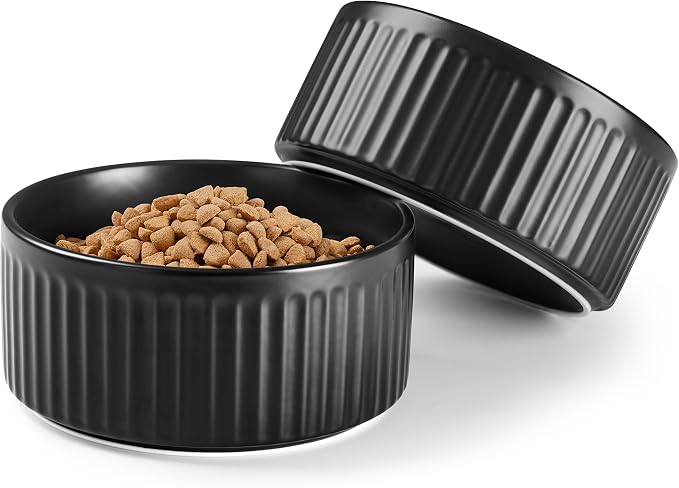 Non-Slip Ceramic Dog Bowls,6" Dog Food and Water Bowl Set with Silicone Base, 32oz/4cups Weighted Flip-Proof Pet Feeding Bowl for Medium Dogs (Medium,Black)