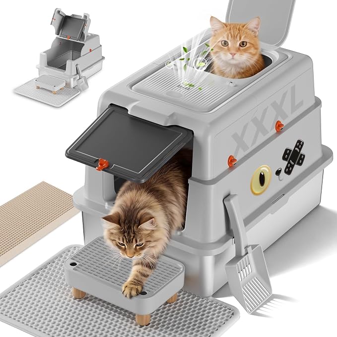 XXXL Stainless Steel Cat Litter Box with Lid, 27.5"×20.1"×17.3" Jumbo Enclosed Litterbox,Dual-Entry (Front Entry & Top Exit),High-Sided,Non-Stick,Odor Control,for Big Cats, with Mat,Scoop & Step,Grey
