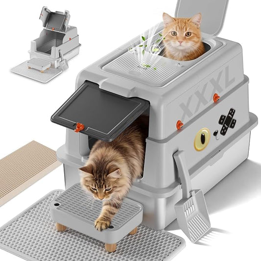 XXXL Stainless Steel Cat Litter Box with Lid, 27.5"×20.1"×17.3" Jumbo Enclosed Litterbox,Dual-Entry (Front Entry & Top Exit),High-Sided,Non-Stick,Odor Control,for Big Cats, with Mat,Scoop & Step,Grey