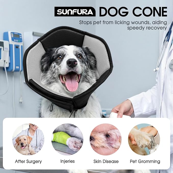 Dog Cone - Soft Cone for Dogs to Stop Licking, Pet E-Collar Alternative After Surgery, Adjustable Pet Recovery Collar for Wound Healing, Black Small