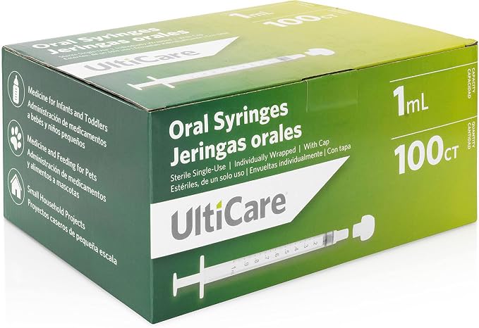 UltiCare 1mL Oral Tip Syringe – Uses Include Oral Administration of Medicine for Infants, Toddlers and Small Pets, and Small HH Projects. with Cap, Sterile Individually Wrapped, 100 Count