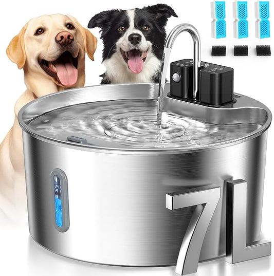 Voluas Dog Water Fountain: 1.8Gal/7L Wireless Stainless Steel Dog Fountain Bowl for Small to Large Dogs, Battery Operated Pet Water Dispenser Indoor with Ultra-Quiet Pump, Easy Clean, 3 Filter