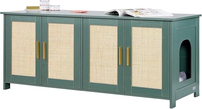 VEVOR Cat Litter Box Enclosure for Multi Cats, 47.2 in Hidden Litter Box Cabinet with 4 Rattan Doors & 2 Entries, Indoor Cat Washroom, Wooden Kitty House Furniture, Fit Most Litterboxes, Green