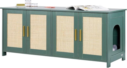 VEVOR Cat Litter Box Enclosure for Multi Cats, 47.2 in Hidden Litter Box Cabinet with 4 Rattan Doors & 2 Entries, Indoor Cat Washroom, Wooden Kitty House Furniture, Fit Most Litterboxes, Green