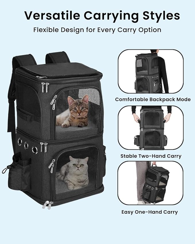 HOVONO Double-Compartment Pet Carrier Backpack for 2 Cats or Small Dogs, Dual Travel Dog Cat Carrier wih Breathable Mesh Windows, Fits Pets up to 20 lbs, Perfect for Traveling/Hiking/Camping, Black