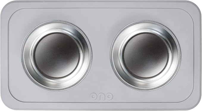 Ono Good Bowl Food & Water Double Feeder - Small to Medium Pets No Spill Non Skid Silicone Mat & Stainless Steel Bowls for Dogs or Cats (Cool Gray)