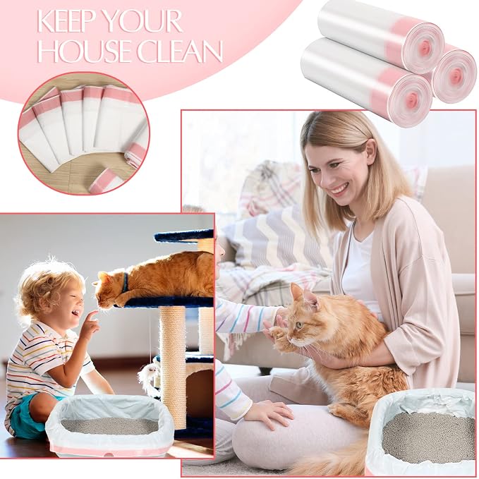 Sabary 30 Cat Litter Box Bags Jumbo Kitty Pan Liners with Drawstring Sturdy Hdpe Material for Cat Pet Waste Litter Box Tray, Pink (31 x 18 Inch)