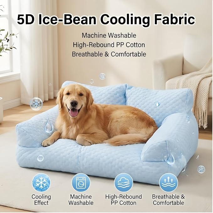 Cooling Dog Bed Cat Bed for Small Medium Large Dogs & Cats, Washable Pet Sofa Bed with 5D Breathable Fabric, Orthopedic Calming Bolster Bed, High-Resilience PP Cotton Blue 35.4"x21.7"x9.8"