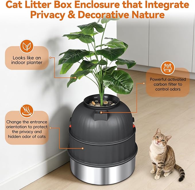 Three-Section Hidden Cat Litter Box, Stainless Steel Litter Box, Cat Litter Box Hidden with Faux Plant & Scoop, Vented Filter for Odor Control, Hidden Litter Box Furniture, Home Decor (Grey)