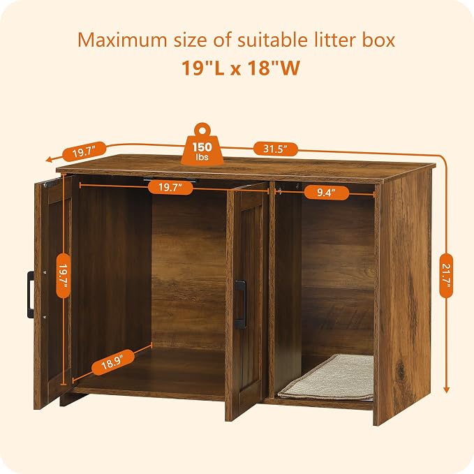 DWANTON Litter Box Enclosure, Cat Litter Box Furniture Hidden, with Scratching Mat, Wooden Cat Washroom Indoor, 31.5" L x 19.7" W x 21.7" H, Warm Brown