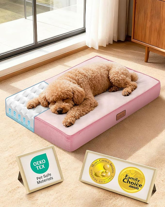 OhGeni Orthopedic Waterproof Dog Bed for Small Dogs, Machine-Washable Removable Cover in Easy-Clean Fabric, Reversible Memory Foam & Easy-Carry Handle, Suitable for Crate, 24 inch (Pink)