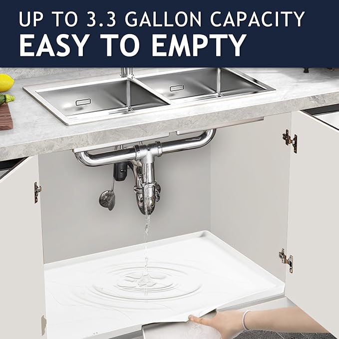 Heavy Duty Silicone Under Sink Mats for Kitchen Waterproof 19" x 19", Extra Thick Under Sink Rubber Mat Drip Tray, Raised Edge Under Sink Liner,Prevent Drips, Leaks, Spills,White