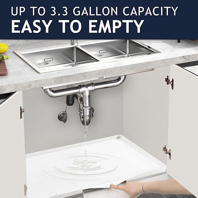 Heavy Duty Silicone Under Sink Mats for Kitchen Waterproof 31" x 22", Extra Thick Under Sink Rubber Mat Drip Tray, Raised Edge Under Sink Liner,Prevent Drips, Leaks, Spills,White