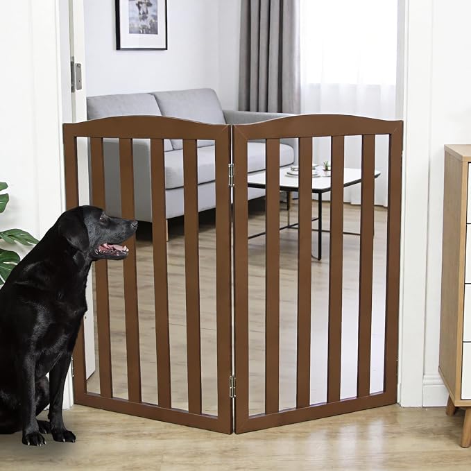 Freestanding Dog Gate Indoor,Doggie Gate Foldable Pet Gates for Doorways,Stairs or Hallways, Wooden Brown Pet Gate for the House, Pet Fence,32 "Height-2 Panels