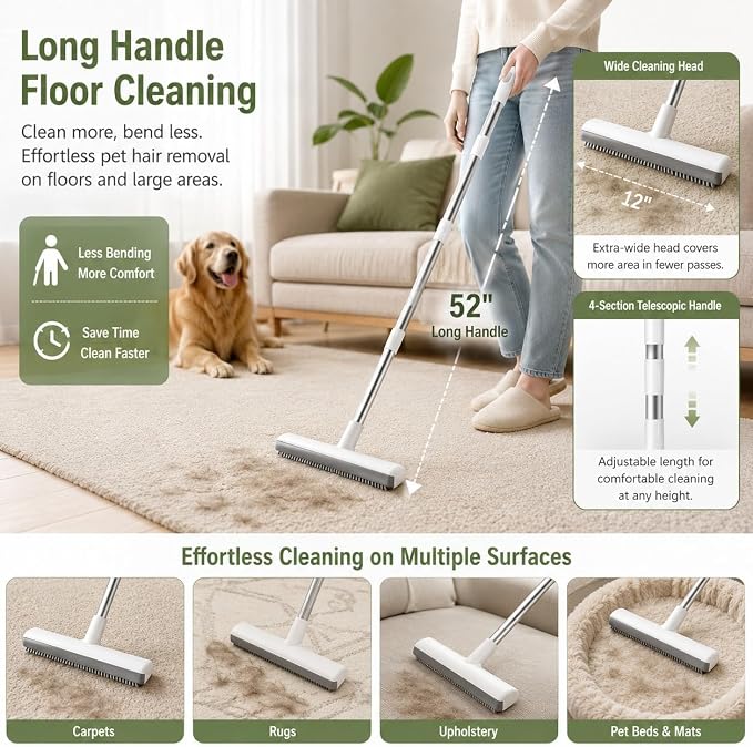 GOOGO Pet Hair Removal Tool Kit, 3 in 1 Carpet Rake Set with White Long Handle Brush, Mint Green Scraper and Scalable Pet Broom Glove for Carpets, Couches and Cars