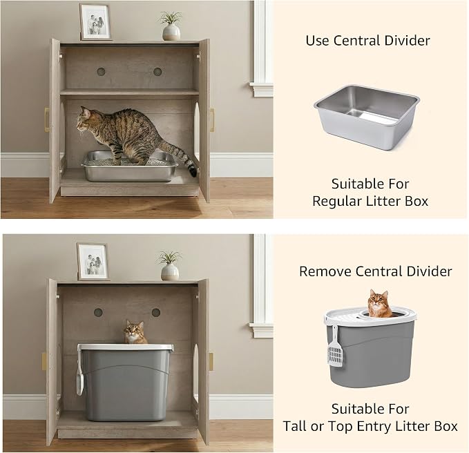 unipaws Cat Litter Box Enclosure with Shelves, Tall Hidden Litter Box Cover for Tall or Top Entry Litter Box, Kitty Enclosed Litter Box Cabinet, Cat Box Furniture, Grey